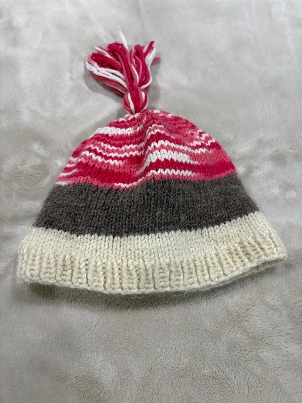 Infant Striped Pom-Pom Hand-Knit Beanie - Pink, Brown & Cream Sz 3 mo -12 mo